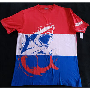 Mens Rare Universal Studios Graphic JAWS Movie Shirt Size Large Blue Red White